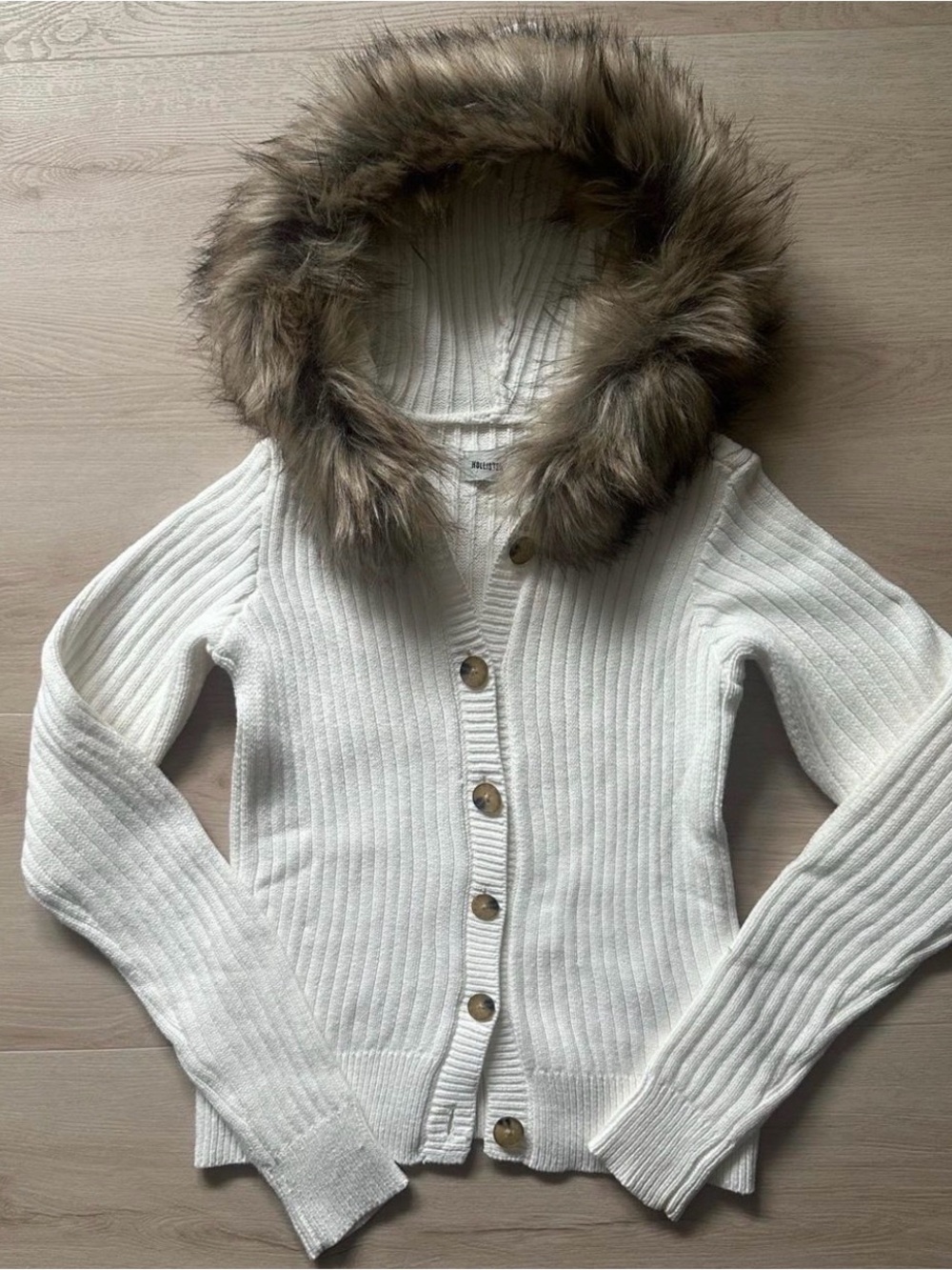 Woman’s Hollister Cream Ribbed Button-Up Sweater with Faux Fur Trim Hood